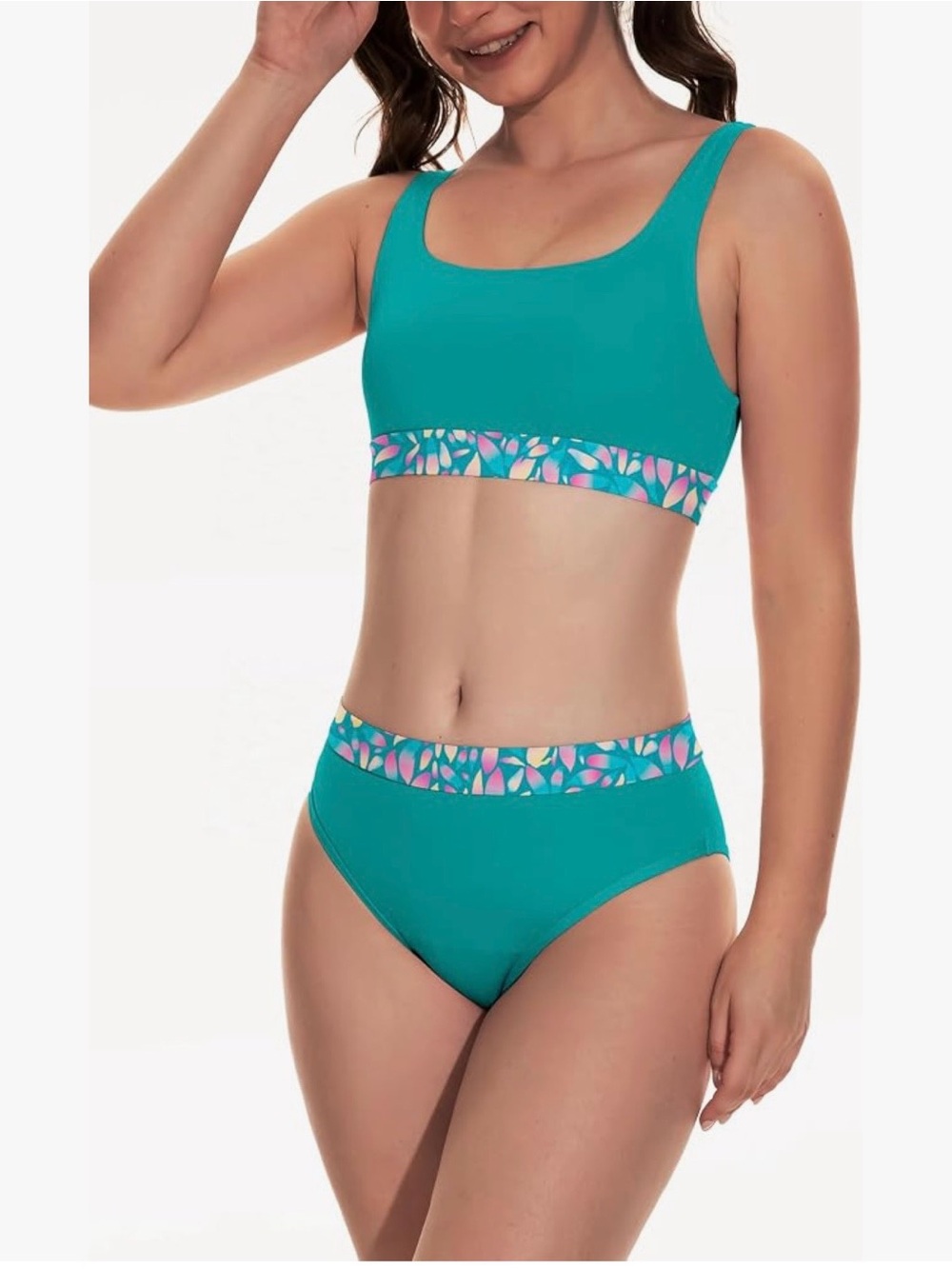Turquoise Two-Piece Bikini Set with Floral Waist Trim